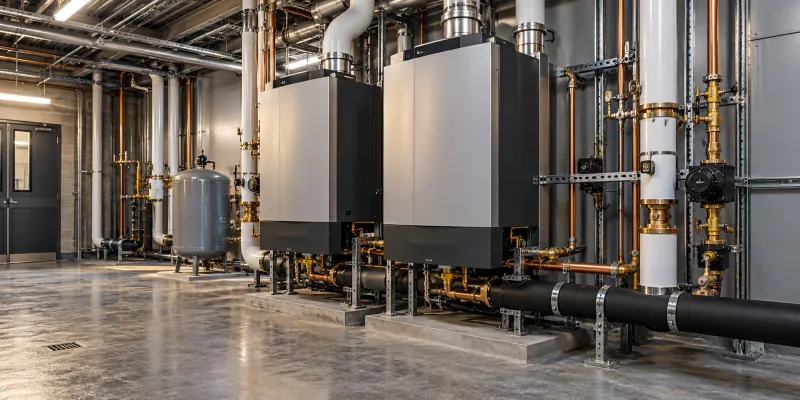AI-generated illustration of commercial boilers and insulated heating pipework