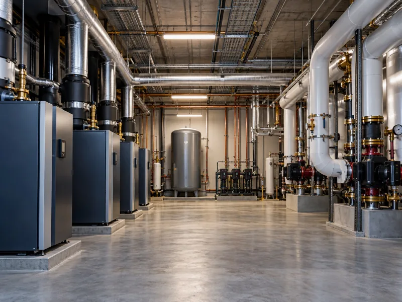 AI-generated illustration of a commercial mechanical room with organized piping and equipment