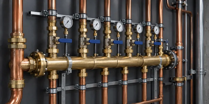 AI-generated illustration of commercial copper piping, brass valves, and pressure gauges
